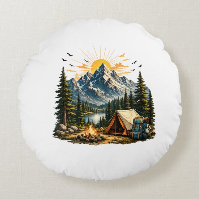 Mountain Camping Adventure Sunset Nature Round Cushion (Front)