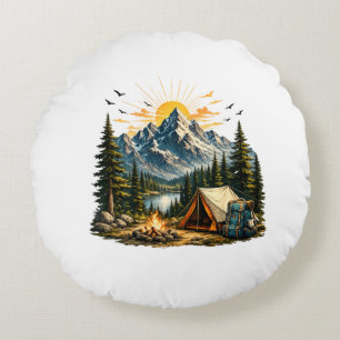 Mountain Camping Adventure Sunset Nature T-shirt Round Cushion