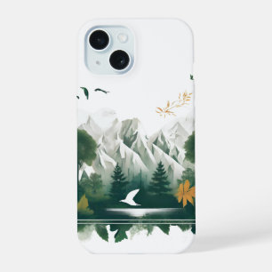 Mountain chain before river, lake and birds - wate iPhone 15 case