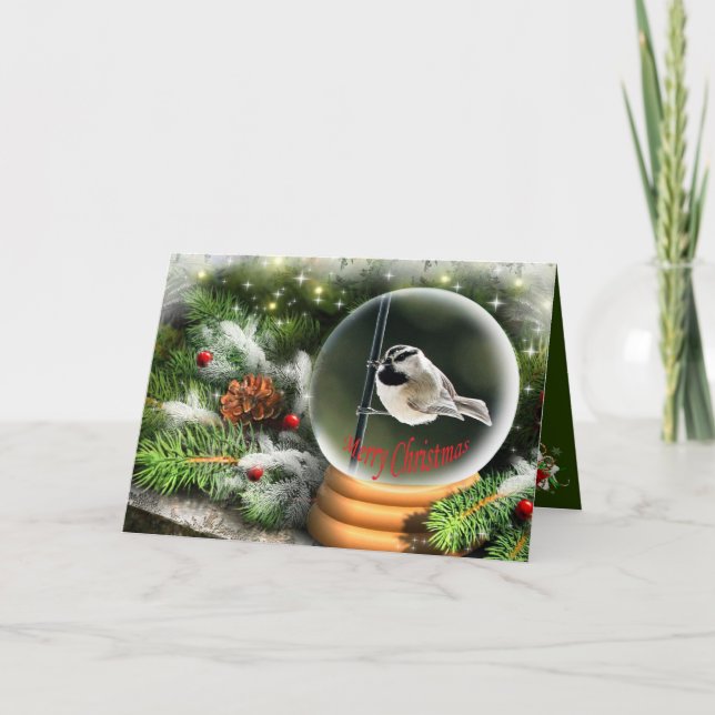 Mountain Chickadee Snow Globe Holiday Card (Front)