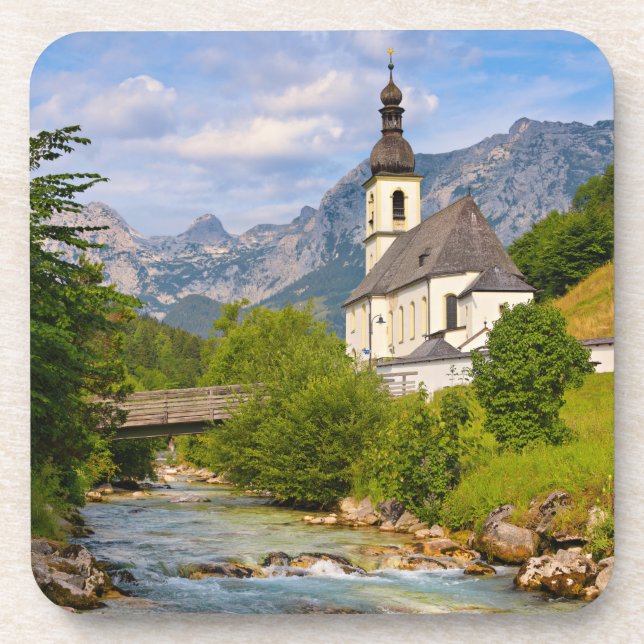 Mountain church with stream landscape coaster (Front)