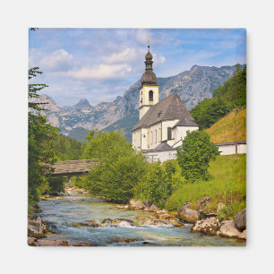 Mountain church with stream landscape magnet