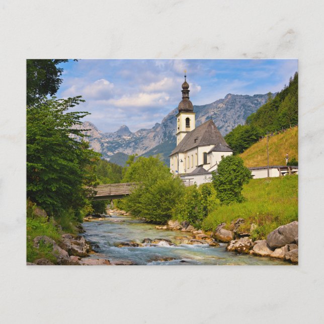 Mountain church with stream landscape postcard (Front)