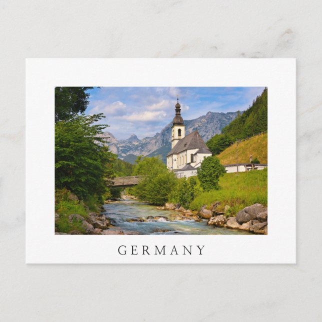 Mountain church with stream landscape postcard (Front)