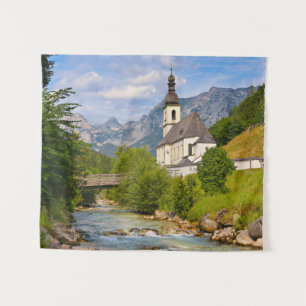 Mountain church with stream landscape tapestry