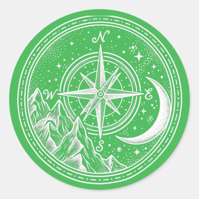 Mountain Compass Moon Celestial Dotwork Classic Round Sticker (Front)