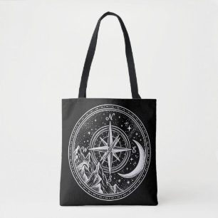 Mountain Compass Moon Celestial Dotwork Tote Bag