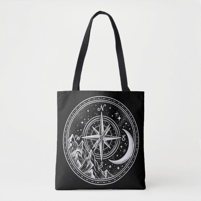 Mountain Compass Moon Celestial Dotwork Tote Bag (Front)