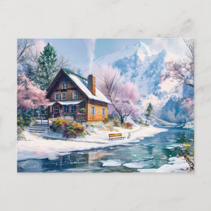 Mountain Cottage in Spring with Blossoms Postcard