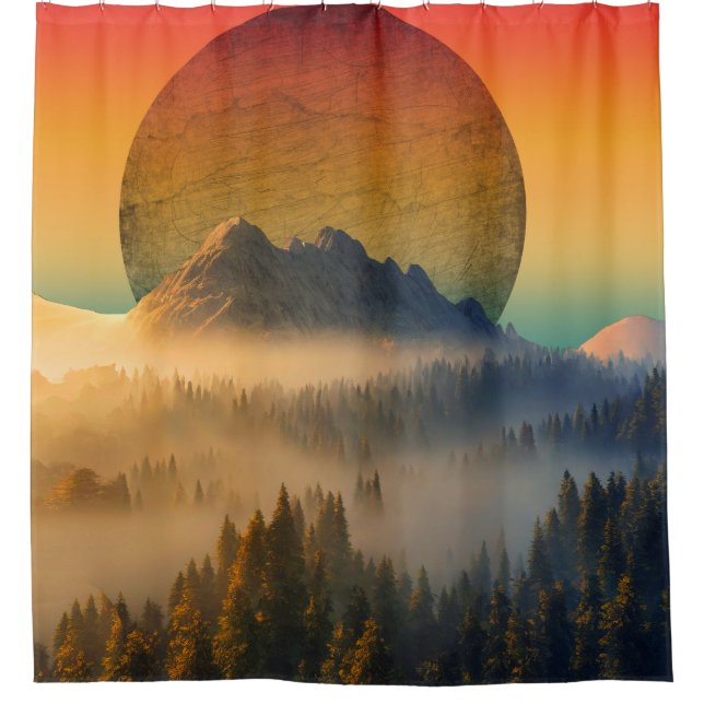 MOUNTAIN DAWN FOREST NATURE SUNSET LANDSCAPE SHOWER CURTAIN (Front)