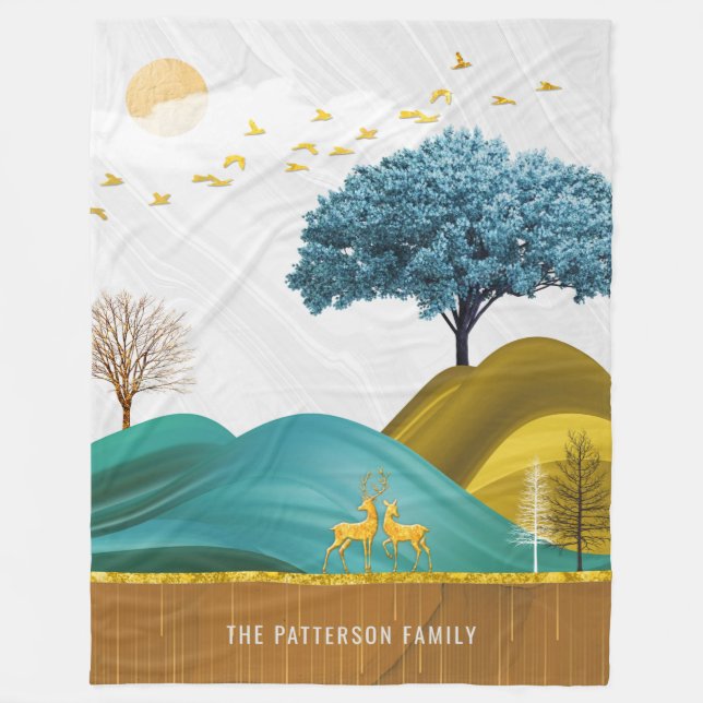 Mountain Deer Landscape Nature Stylish Family Name Fleece Blanket (Front)