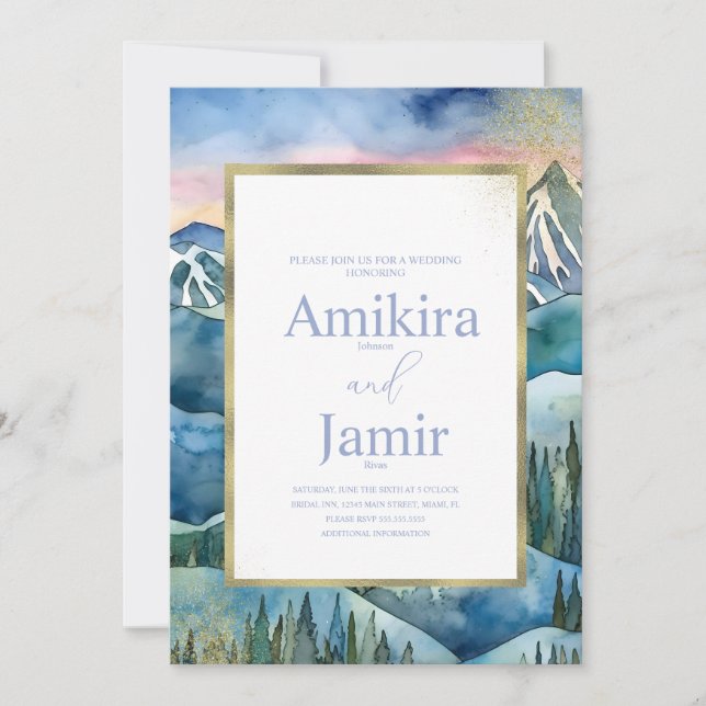 Mountain Dreamy Watercolor Glitter Wedding Invitation (Front)