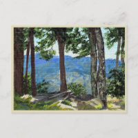 Mountain Edge View Trees Distant Valley Peaks Art