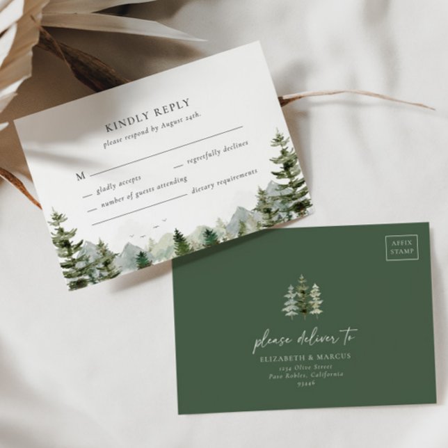 Mountain Evergreen Woodland Forest Elegant Wedding RSVP Card (Creator Uploaded)