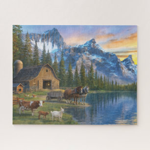 Mountain Farm at Sunset Peaceful Rural Scene Jigsaw Puzzle