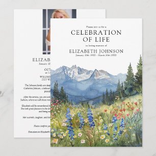 Mountain Floral Celebration Of Life Photo Funeral Invitation