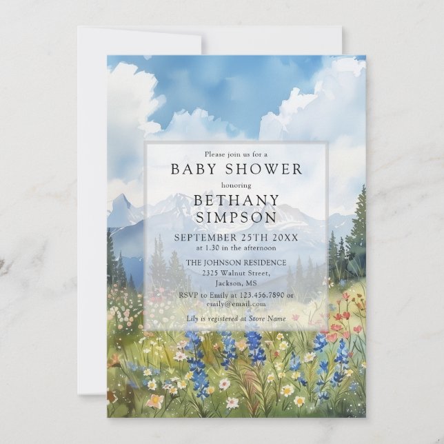 Mountain Floral Meadow Photo QR Code Baby Shower Invitation (Front)