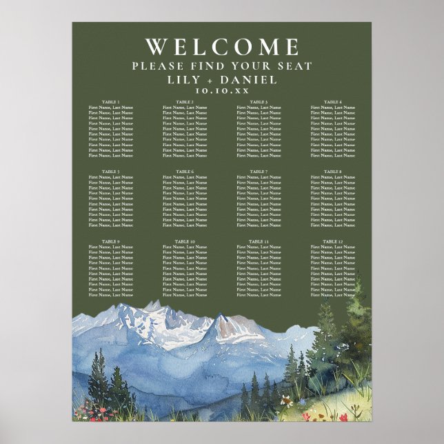 Mountain Floral Olive Green Wedding Seating Chart (Front)