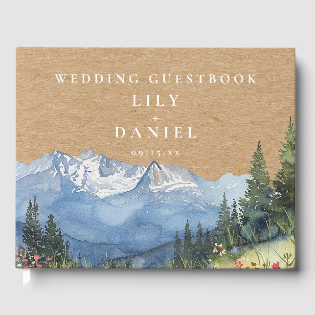 Mountain Floral Rustic Kraft Wedding Photo Guest Book (Front)