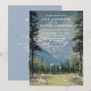 Mountain Floral String Lights Wedding QR Code Invitation
