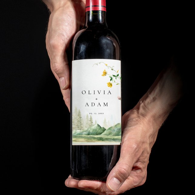 Mountain Forest Boho Wildflower Rustic Wedding Wine Label (Creator Uploaded)