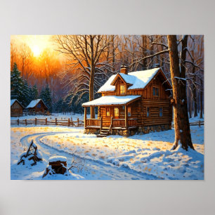 Mountain Forest Cabin Art Poster