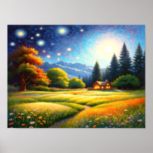 Mountain Forest Cabin Art Poster