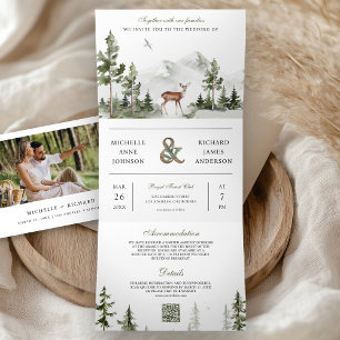 Mountain Forest Deer QR Code Photo Collage Wedding Tri-Fold Invitation