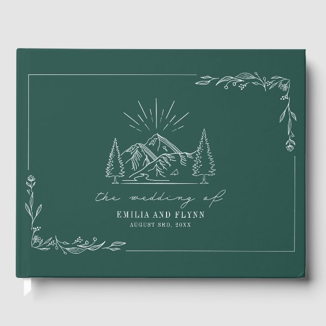 Mountain Forest Emerald Rustic Wedding Guest Book (Front)
