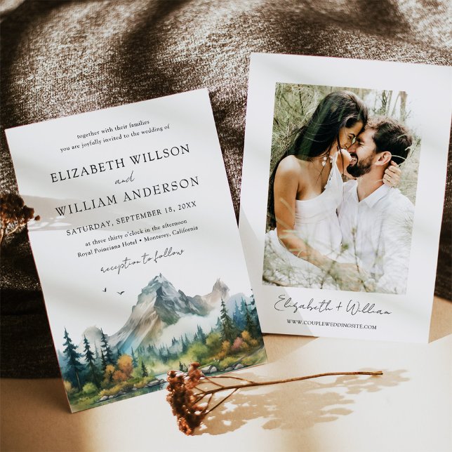 Mountain Forest Evergreen Tree Wedding Photo Invitation (Mountain Forest Evergreen Tree Wedding Photo Invitation)