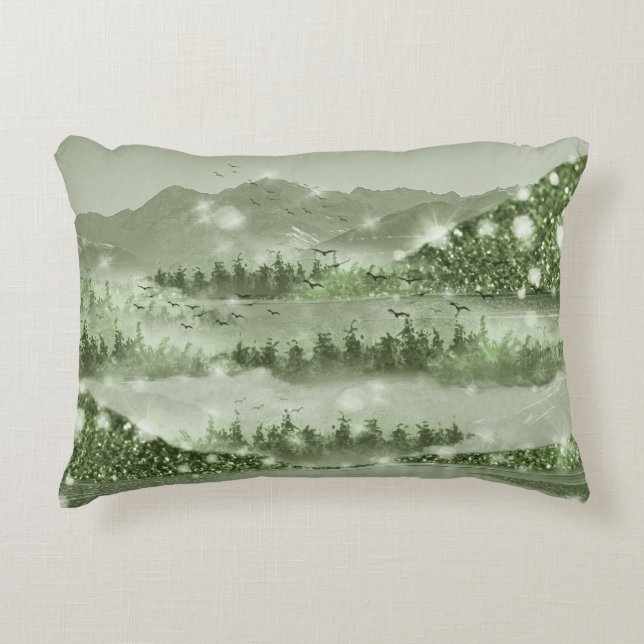 Mountain Forest Lake Landscape Mixed Media Decorative Cushion (Front)