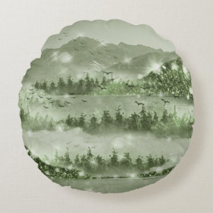 Mountain Forest Lake Landscape Mixed Media Round Cushion