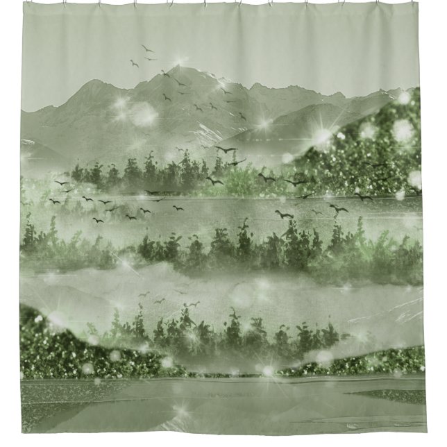 Mountain Forest Lake Landscape Mixed Media Shower Curtain (Front)