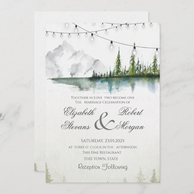 Mountain,Forest,Lake,String Lights Chic Wedding   Invitation (Front/Back)