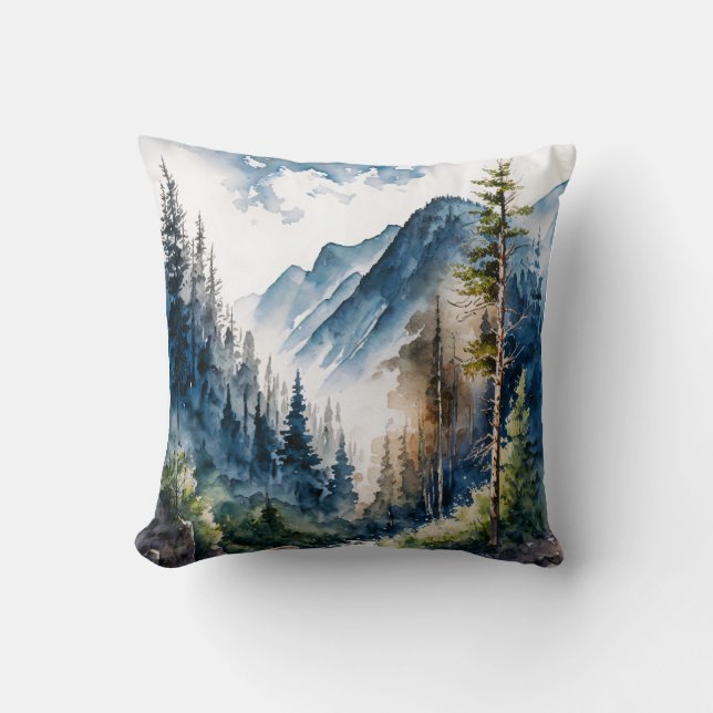 Mountain Forest Landscape Watercolor Cushion (Front)