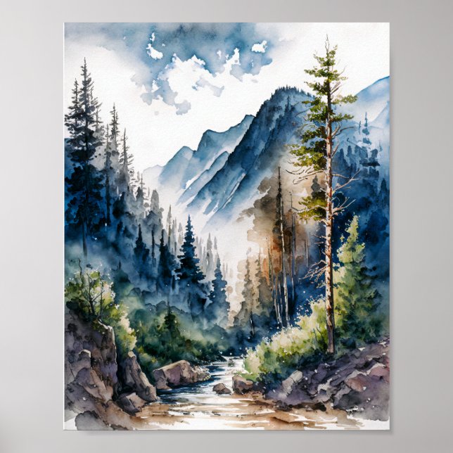 Mountain Forest Landscape Watercolor Poster (Front)