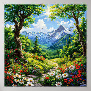 🌿 Mountain Forest Landscape With Wildflowers Scen Poster