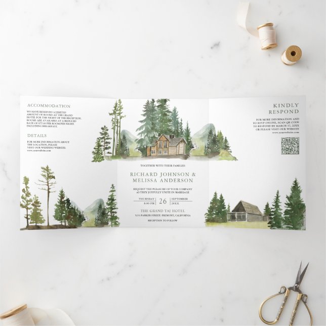 Mountain Forest Lodge Log Cabin QR Code Wedding Tri-Fold Invitation (Inside)