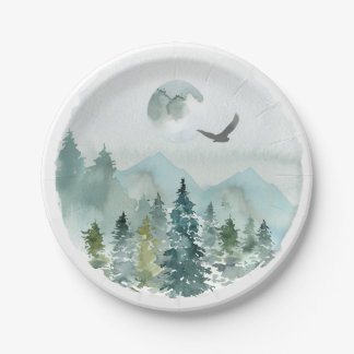 Mountain Forest Mist Evergreens Moon Hawk Paper Plate