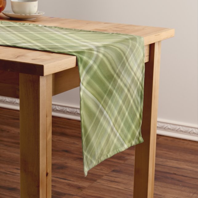 Mountain Forest Olive Green Plaid Short Table Runner (In Situ)