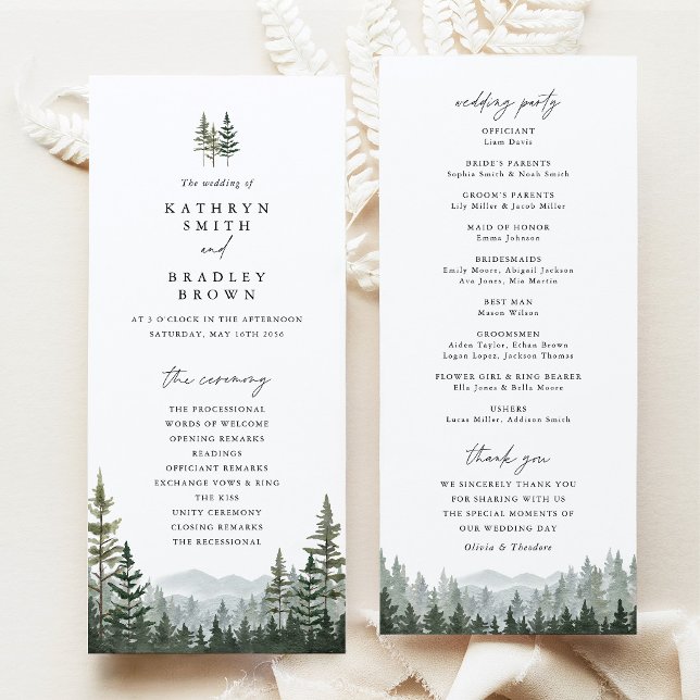 Mountain Forest Pine Wedding Ceremony Program Programme (Mountain Forest Wedding Program, Sage Green Pine Tree Ceremony Program, Woodland Wedding Stationery)