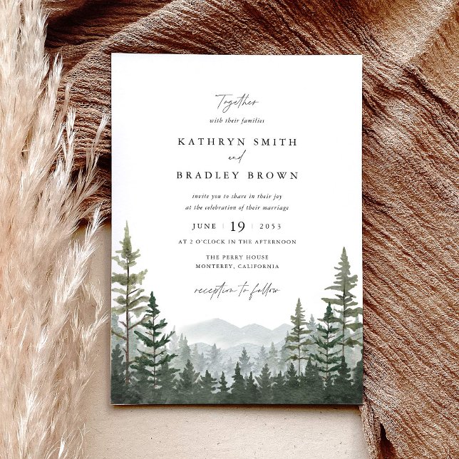 Mountain Forest Pine Wedding Invitation (Mountain forest wedding invitation, sage green pine tree wedding stationery, layered woodland invite)