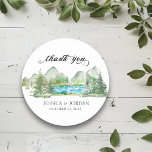 Mountain Forest River Watercolor Rustic Wedding  Classic Round Sticker<br><div class="desc">This burgundy and blush pink floral mason jar wedding design can be personalised with your information. It may be further customised by choosing the click to customise further option. You may change the text colour and style, some backgrounds and delete some images. Please see my collections for more in this...</div>