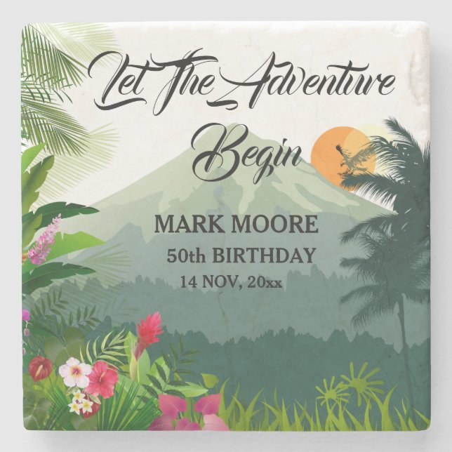 Mountain & Forest Sunset Birthday Invitation Stone Coaster (Front)