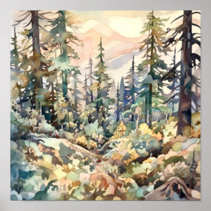Mountain Forest Watercolor Painting Art Print