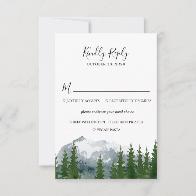 Mountain Forest Wedding RSVP with Meal Choice Card (Front)