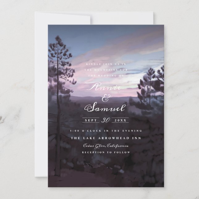 Mountain Getaway Purple Wedding Invitation (Front)