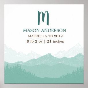 Mountain Green Personalised Baby Birth Poster
