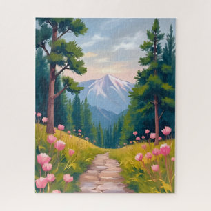 Mountain Hike Floral Nature Landscape Watercolor Jigsaw Puzzle