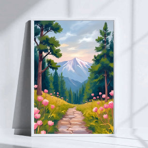 Mountain Hike   Floral Nature Landscape Watercolor Poster